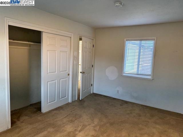 unfurnished bedroom with a closet and carpet