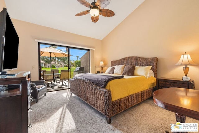 carpeted bedroom featuring ceiling fan, high vaulted ceiling, and access to exterior