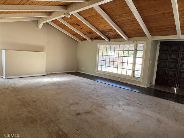 spare room featuring wooden ceiling and lofted ceiling with beams