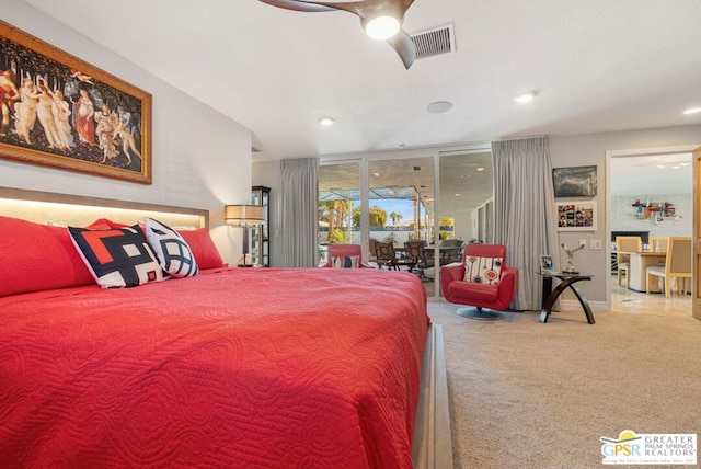 bedroom with ceiling fan, carpet floors, and access to outside