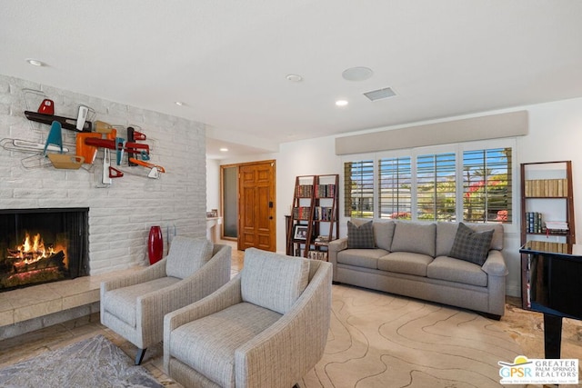 living room with a fireplace