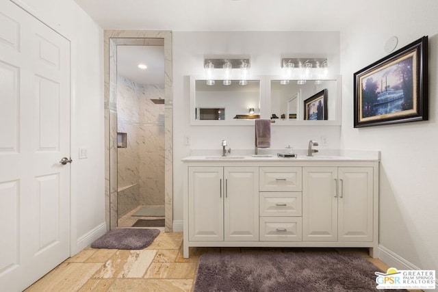 bathroom featuring a tile shower and vanity