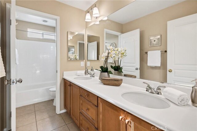 full bathroom with toilet, vanity, tile patterned flooring, and shower / tub combination