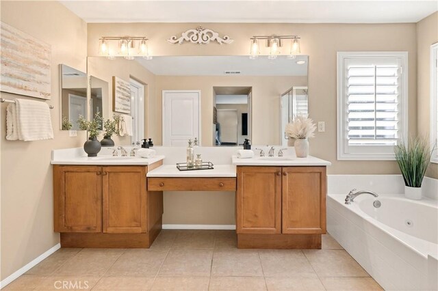 bathroom with tile patterned flooring, separate shower and tub, and vanity