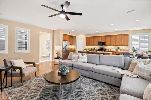 living room featuring ceiling fan and hardwood / wood-style flooring