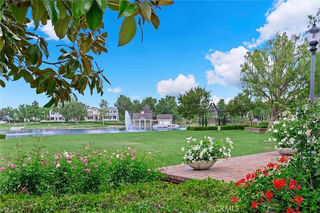 view of community featuring a lawn and a water view