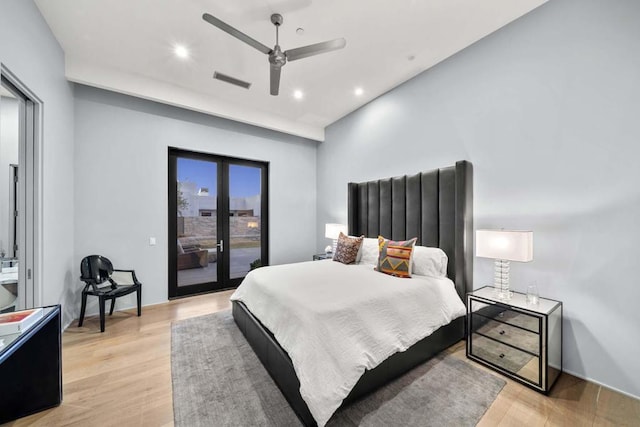 bedroom with ceiling fan, light wood-type flooring, and access to outside