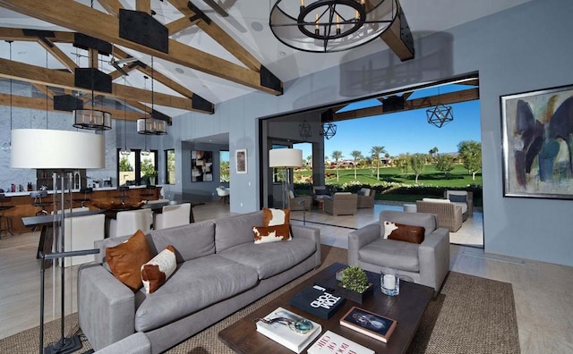 living room featuring high vaulted ceiling, beam ceiling, and a chandelier