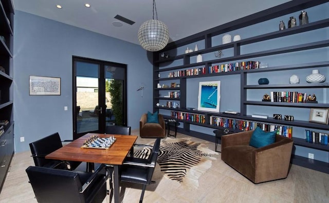 recreation room with built in shelves