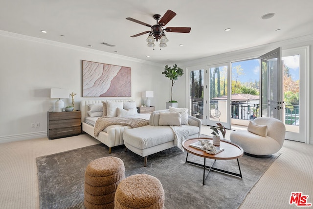 carpeted bedroom with ceiling fan, access to outside, and ornamental molding