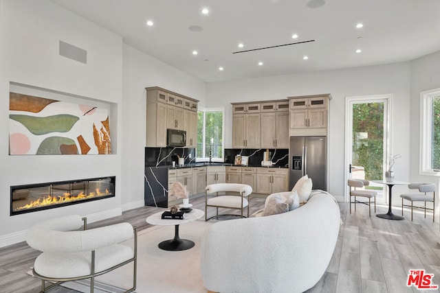 living room featuring sink and light hardwood / wood-style flooring