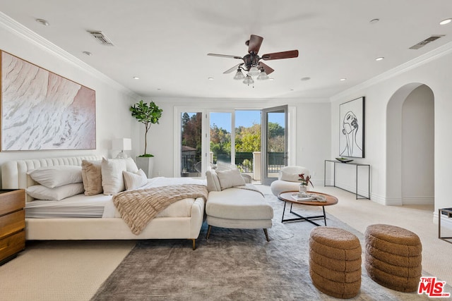 bedroom with ornamental molding, ceiling fan, access to exterior, and light carpet