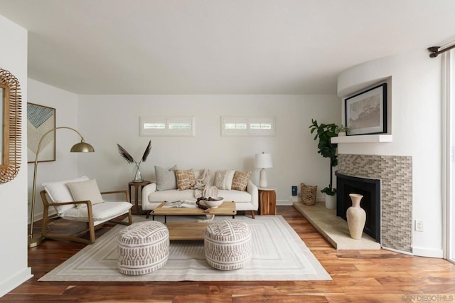 living room with a fireplace and hardwood / wood-style floors