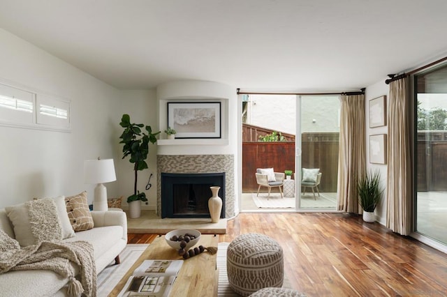 living room with a fireplace, a wall of windows, and wood-type flooring