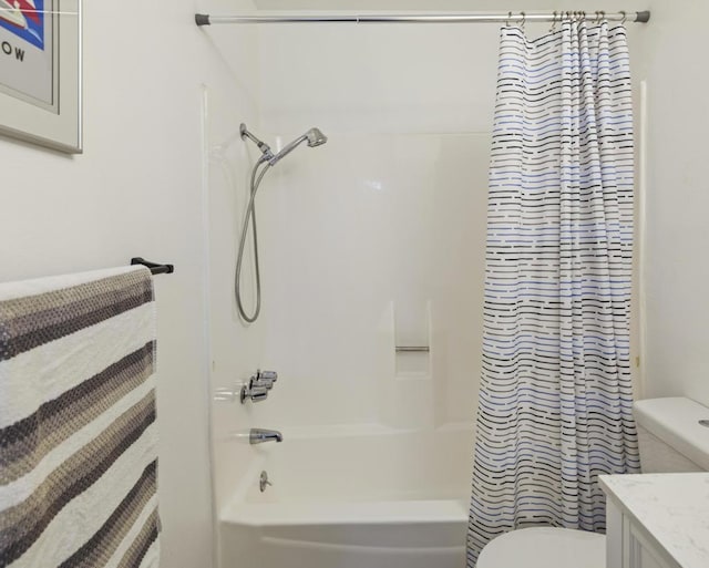 full bathroom featuring toilet, vanity, shower / bathtub combination with curtain, and heating unit