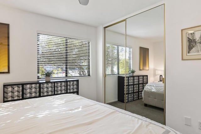 bedroom with a closet and dark colored carpet