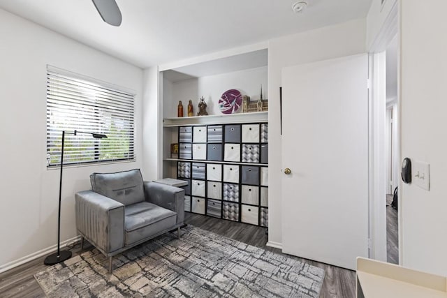 sitting room featuring dark wood-type flooring and ceiling fan