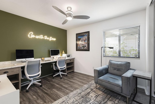 office featuring ceiling fan and dark wood-type flooring