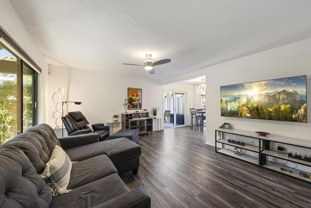 living room featuring ceiling fan and dark hardwood / wood-style flooring