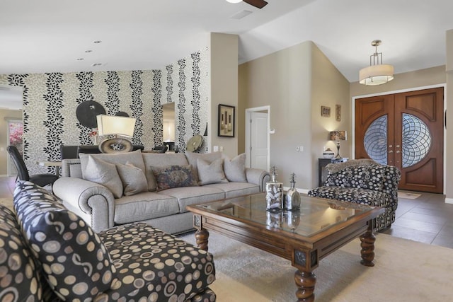 tiled living room with french doors