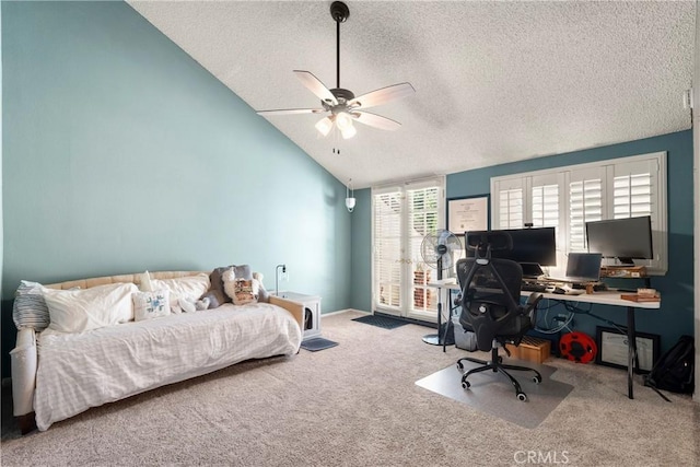 bedroom featuring access to outside, a textured ceiling, lofted ceiling, carpet floors, and ceiling fan