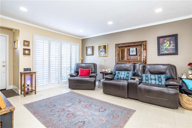 tiled living room with crown molding