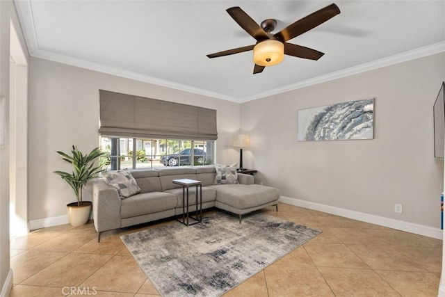 living room with ceiling fan, light tile patterned floors, and crown molding