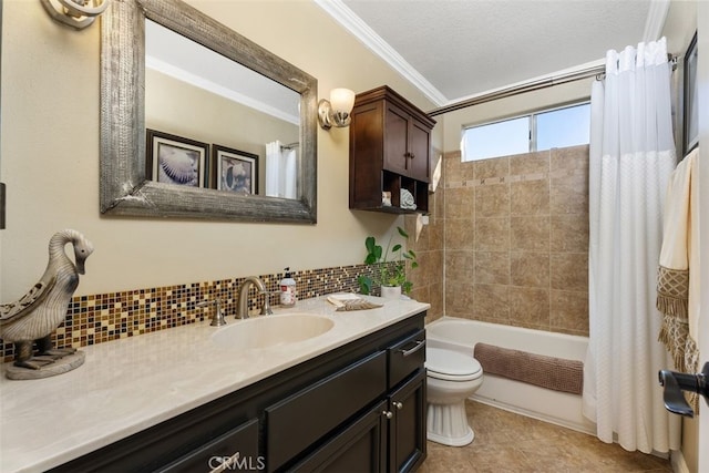 full bathroom featuring toilet, tasteful backsplash, shower / bathtub combination with curtain, ornamental molding, and vanity