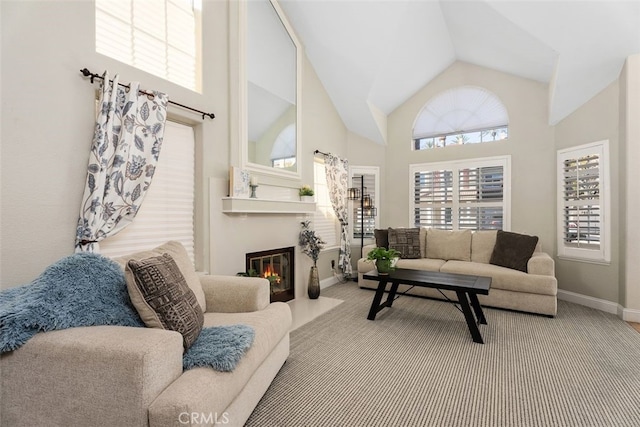 living room featuring vaulted ceiling