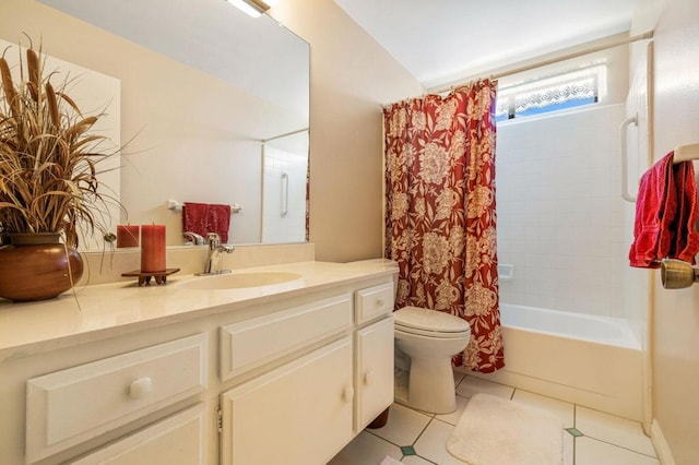 full bathroom featuring tile patterned flooring, shower / tub combo with curtain, vanity, and toilet