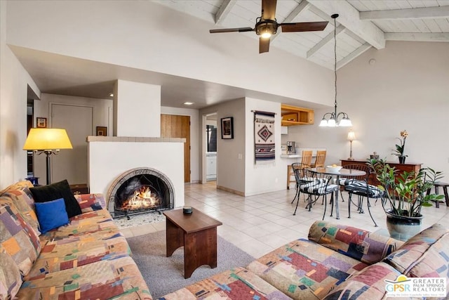 living room with wood ceiling, beamed ceiling, high vaulted ceiling, light tile patterned flooring, and ceiling fan with notable chandelier