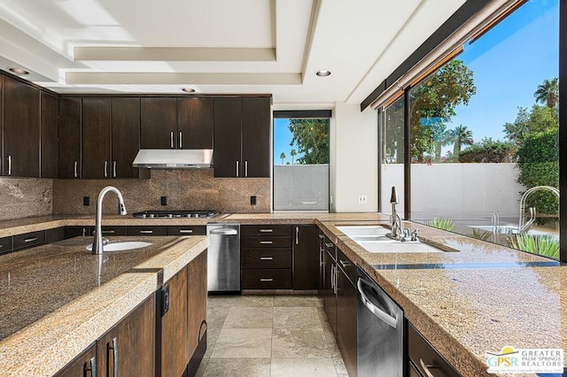 kitchen featuring stainless steel appliances, sink, light stone counters, and dark brown cabinetry