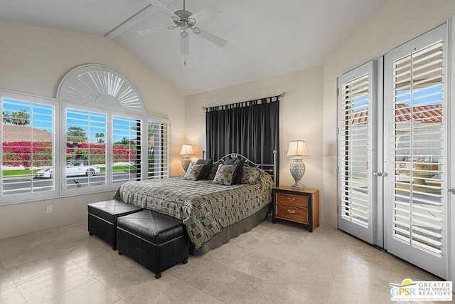 bedroom with access to outside, ceiling fan, and lofted ceiling