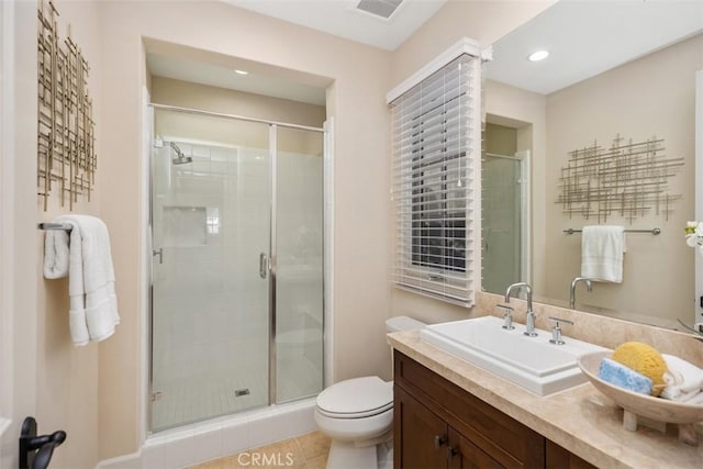 full bathroom with visible vents, toilet, a shower stall, vanity, and tile patterned flooring