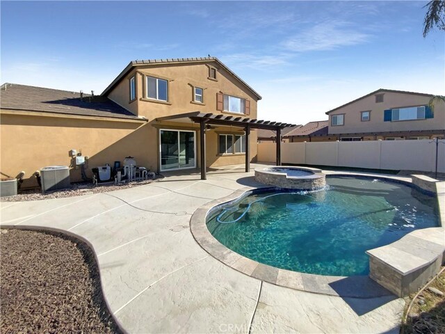 view of pool with a pergola, central AC, an in ground hot tub, and a patio