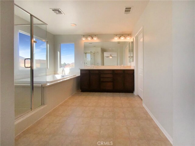 bathroom with ceiling fan, independent shower and bath, and vanity