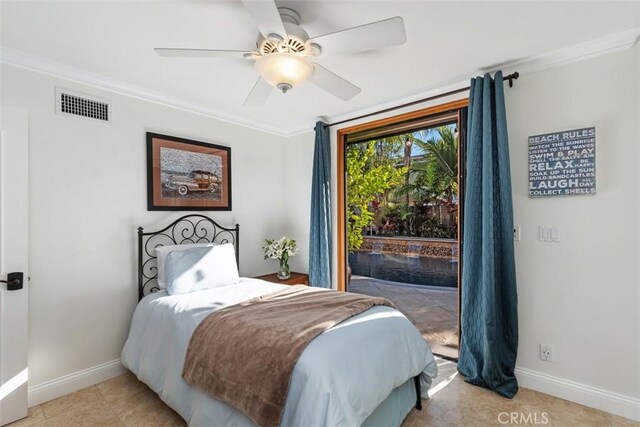 bedroom with ceiling fan, access to outside, and crown molding