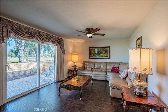 living room with ceiling fan and dark wood-type flooring