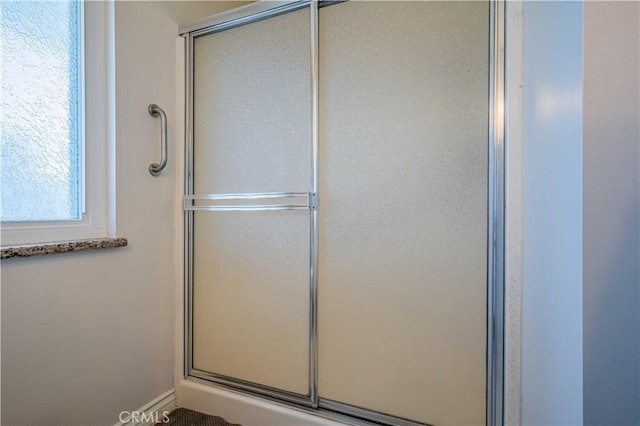 bathroom with a shower with shower door