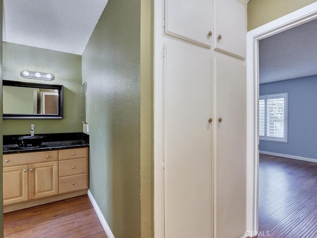 bathroom featuring vanity and hardwood / wood-style flooring