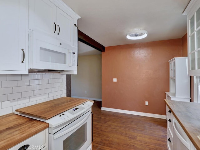 kitchen with butcher block counters, white appliances, decorative backsplash, and white cabinets