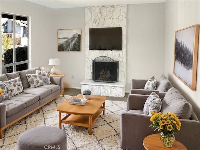 living room featuring a fireplace