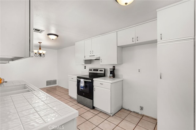 kitchen with stainless steel electric range oven, visible vents, light tile patterned flooring, a sink, and under cabinet range hood