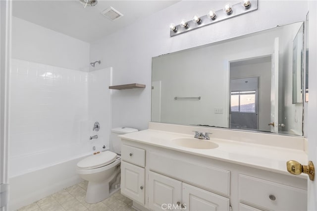 full bathroom featuring bathing tub / shower combination, vanity, and toilet