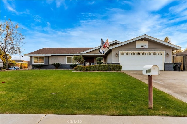 ranch-style home featuring a front yard and a garage