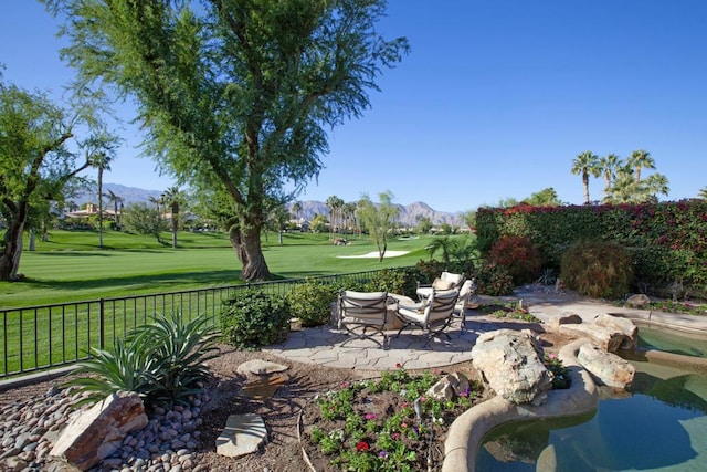 view of patio with a mountain view