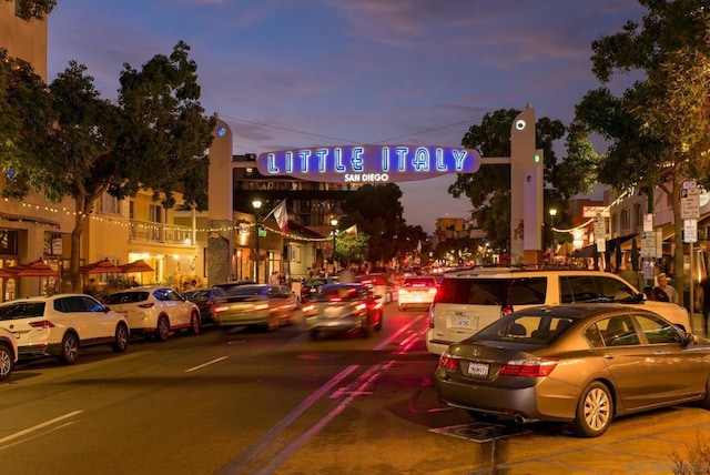 view of parking at dusk