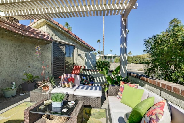 view of patio / terrace with a pergola and outdoor lounge area