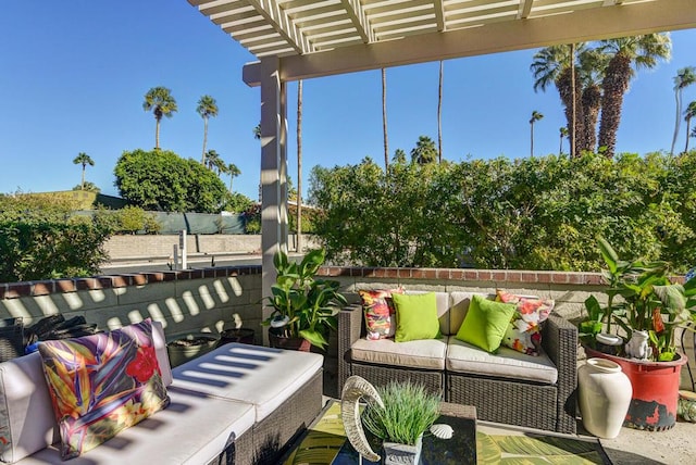 balcony featuring an outdoor hangout area and a pergola