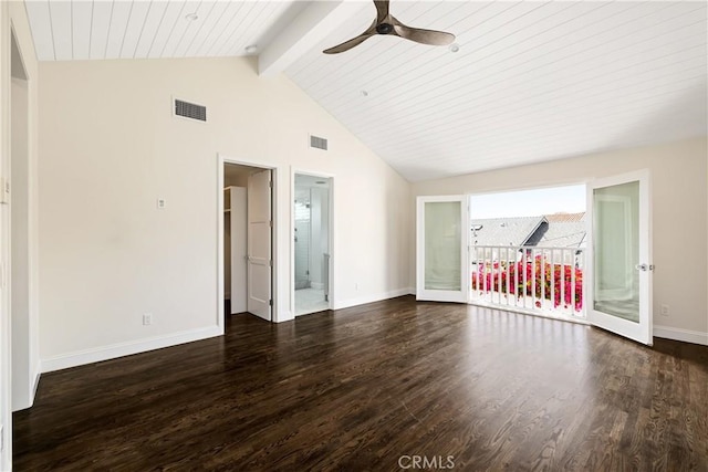 empty room with hardwood / wood-style flooring, french doors, wood ceiling, beam ceiling, and ceiling fan